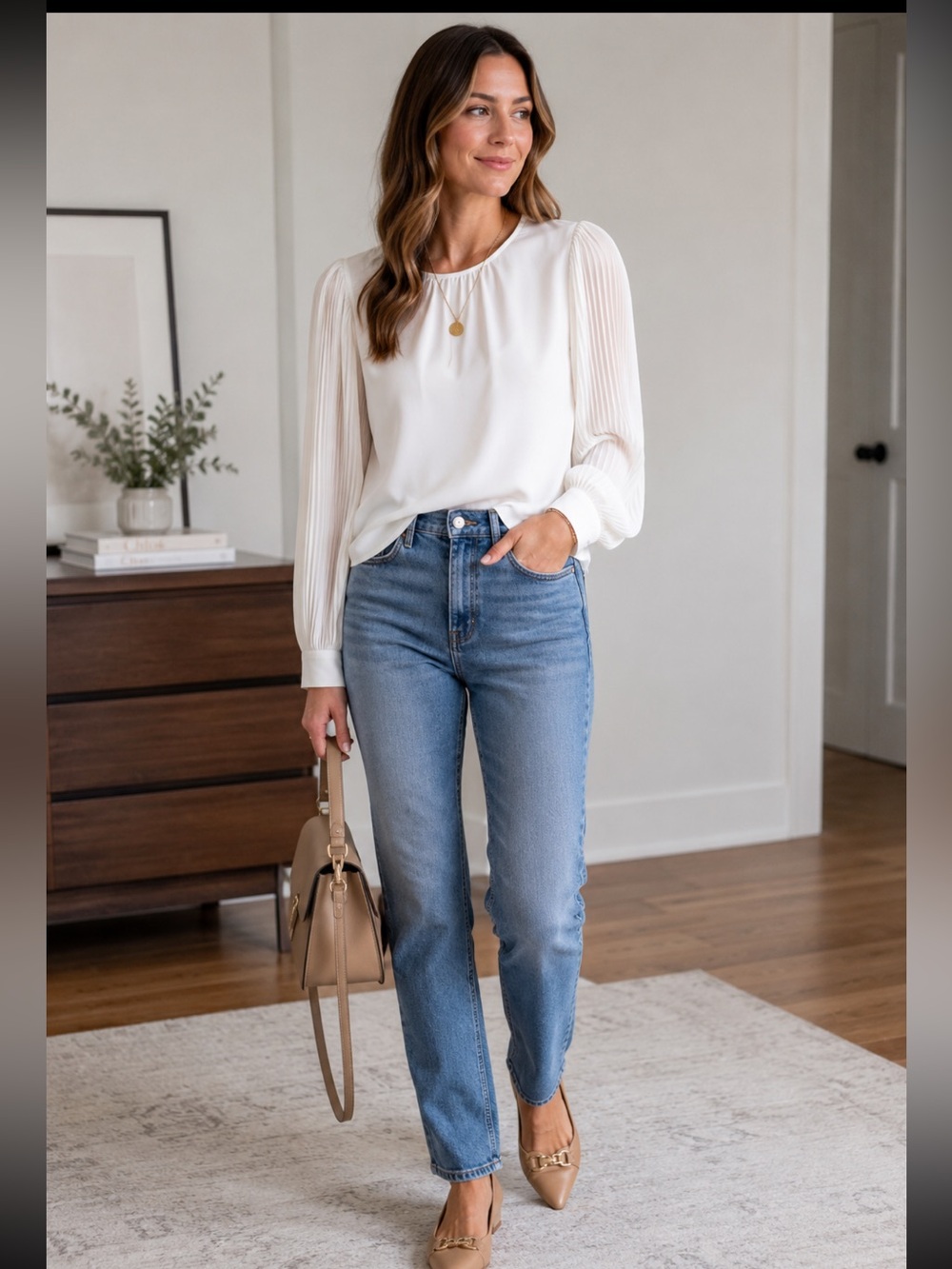 J. Crew White‎ Pleated Long-Sleeve Blouse medium